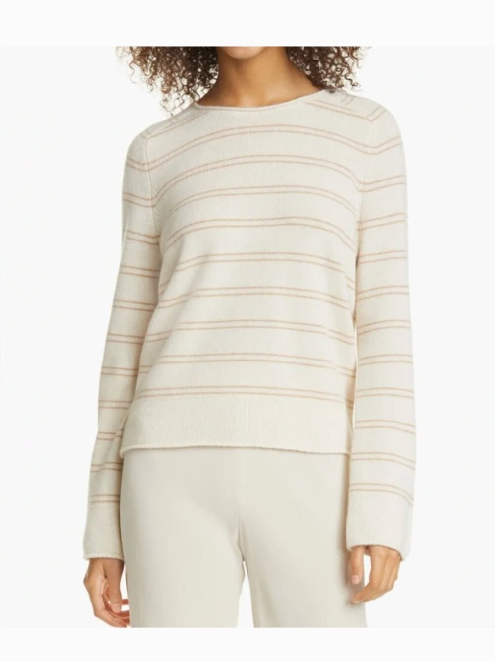 VINCE Wool Cashmere Railroad Stripe Sweater in Cream/Camel Sz L - NWT!